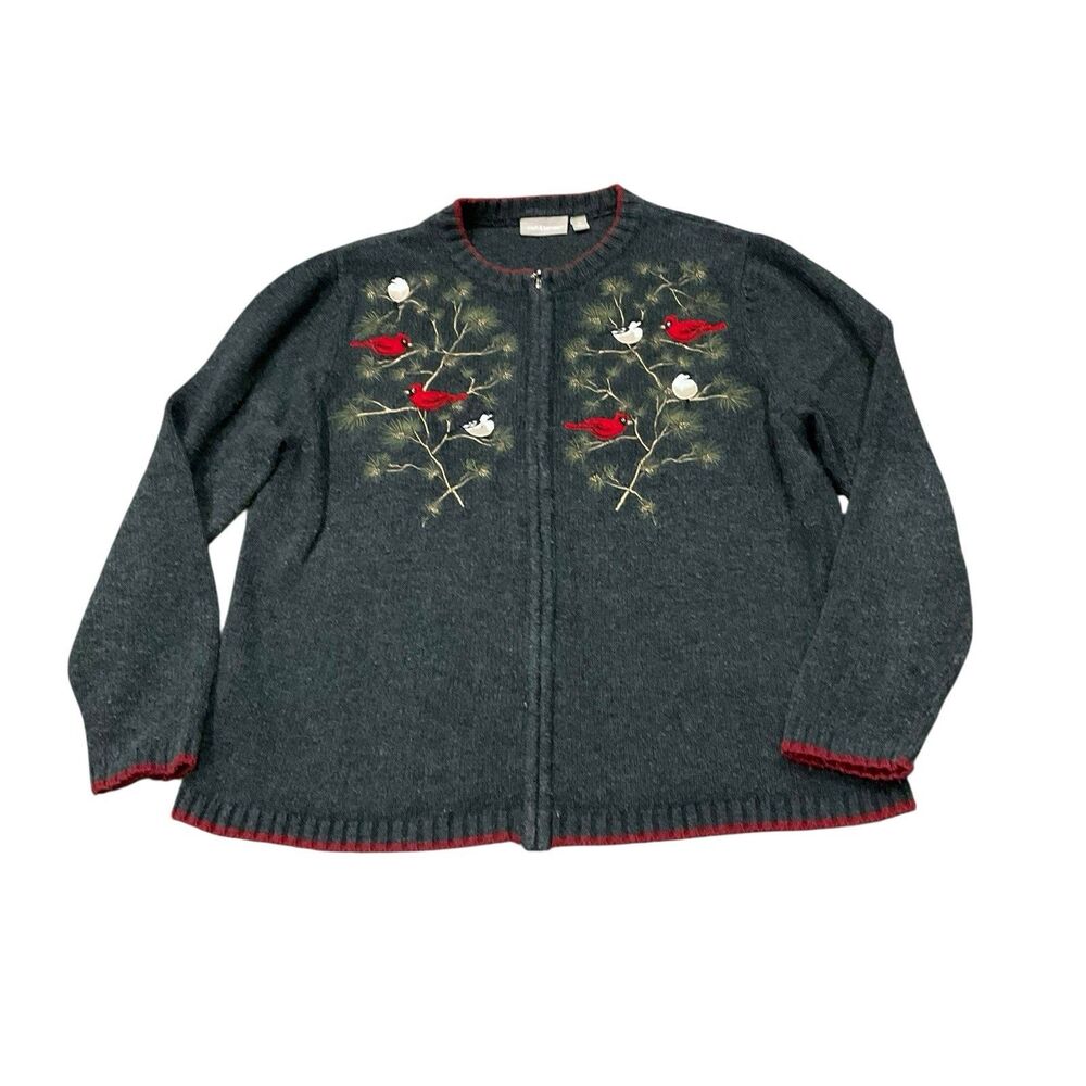 Croft & Barrow Cardinal Embroidered Cardigan Sweater XL Gray Zip Up Bird Floral